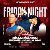 a flyer for friday night featuring sean palyon and boom bam