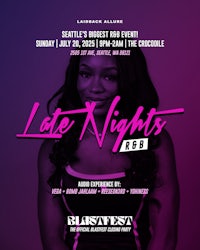a poster for late nights with a woman in a purple dress