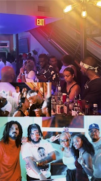 a collage of pictures of people at a party